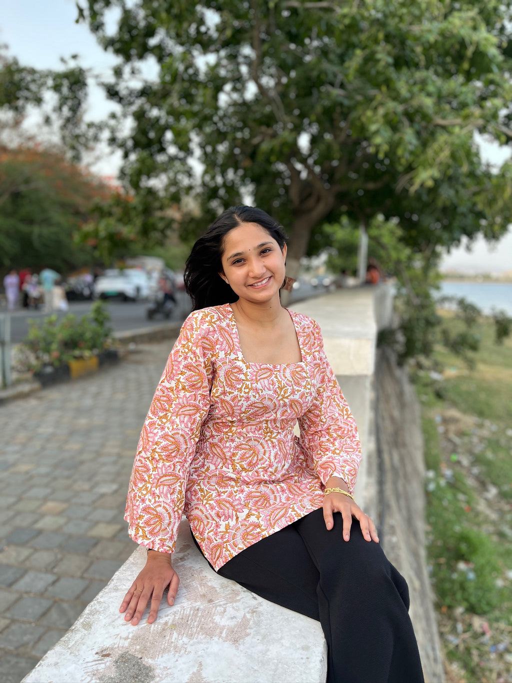 Peach printed side corset bell sleeve kurti for women