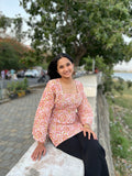 Peach printed side corset bell sleeve kurti for women