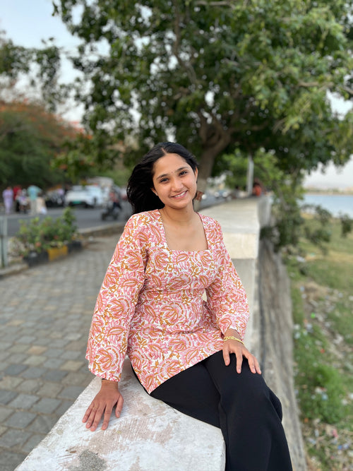 Peach printed side corset bell sleeve kurti for women