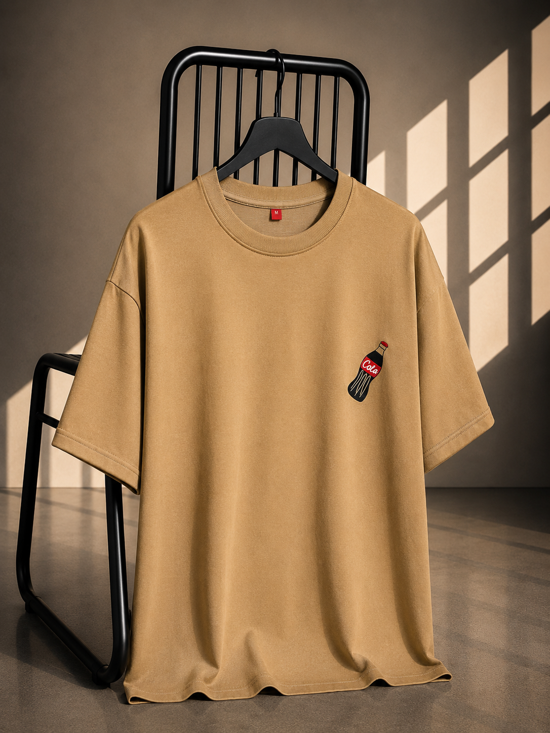Beige oversized French Terry cotton T-shirt with a small cola bottle chest graphic.
