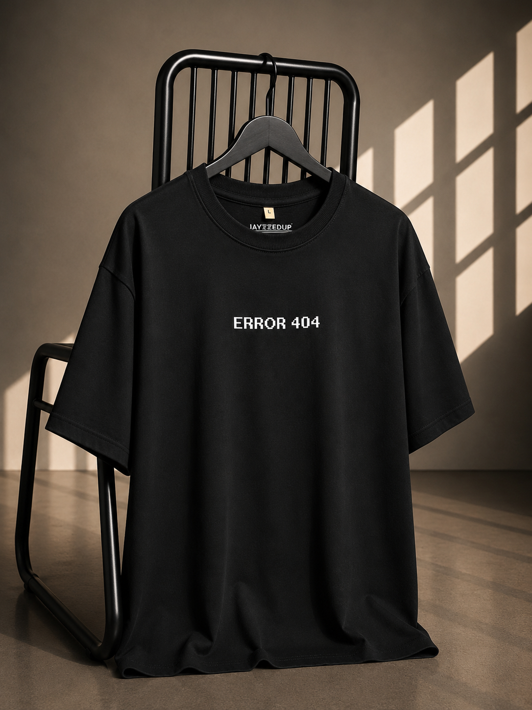 Black oversized French Terry cotton T-shirt with Error 404 chest print.