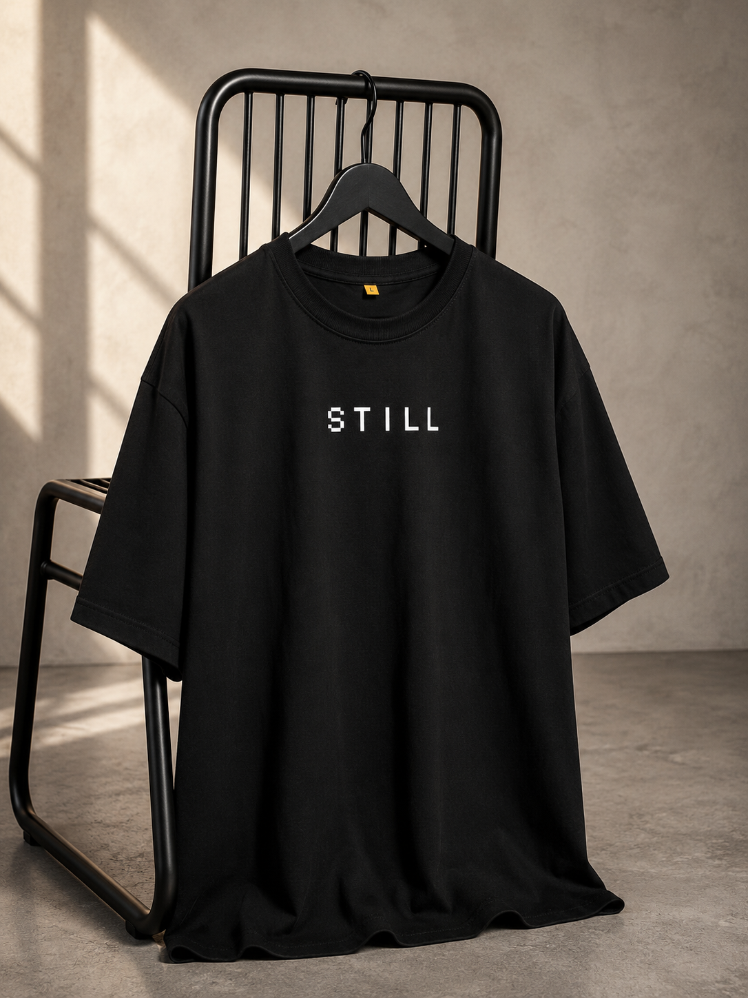 Black oversized French Terry cotton T-shirt with Still front print.