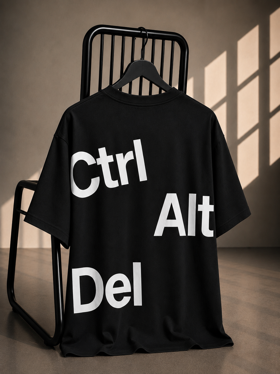 Black oversized graphic T-shirt featuring a bold Ctrl Alt Del typography design on the back.