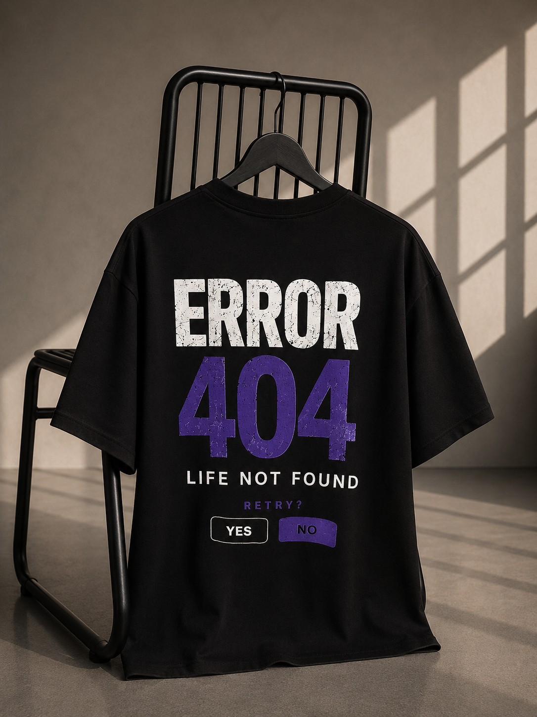 Black oversized unisex T-shirt featuring a bold Error 404 Life Not Found typography back print on heavyweight French Terry cotton.