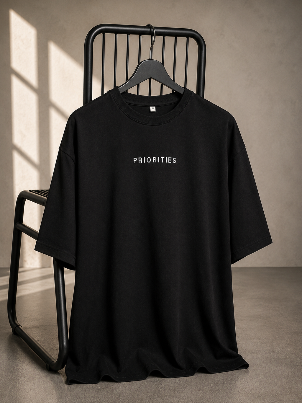 Black oversized unisex T-shirt featuring a minimal "Priorities" typography print on the chest, crafted from 220–240 GSM bio-washed French Terry cotton.