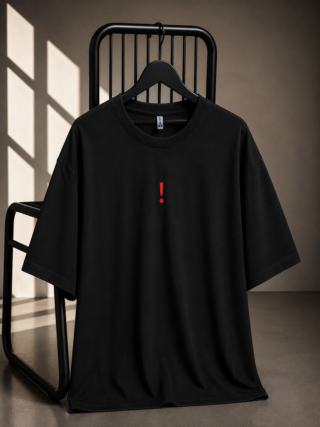 Black oversized unisex T-shirt featuring a minimalist red exclamation mark chest print, made from premium 180 GSM bio-washed cotton.