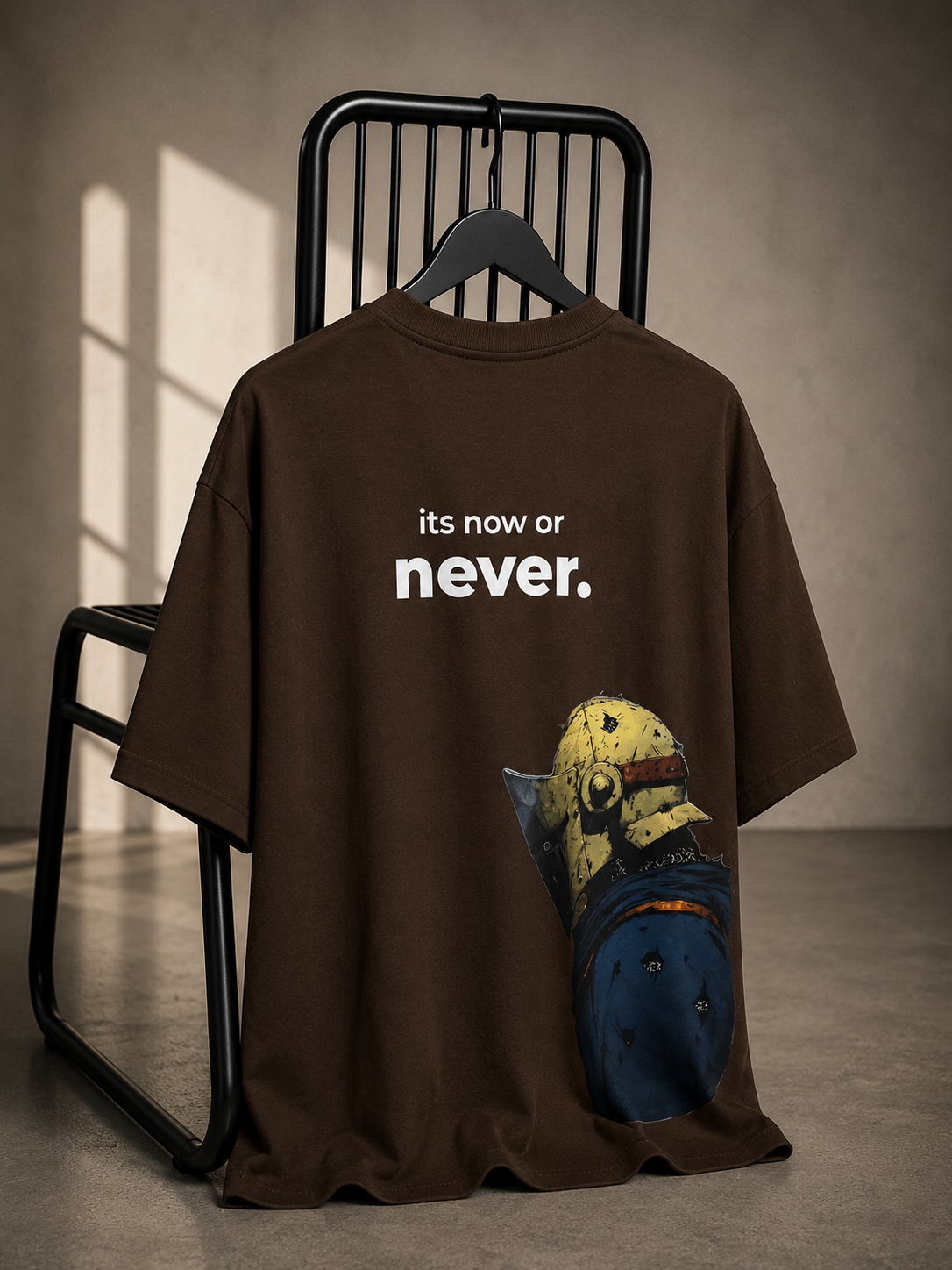 Brown oversized graphic T-shirt with It's Now or Never artwork on the back.