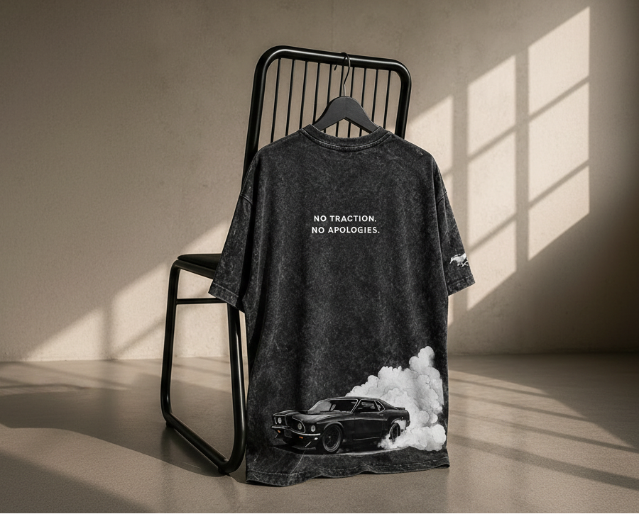 Charcoal acid wash oversized T-shirt featuring a muscle car burnout graphic and "No Traction. No Apologies." artwork.