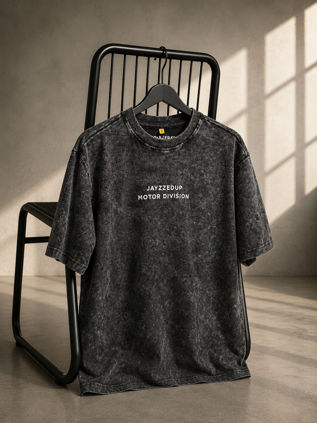 Charcoal vintage wash oversized T-shirt with Jayzzedup Motor Division logo on premium acid wash French Terry cotton.