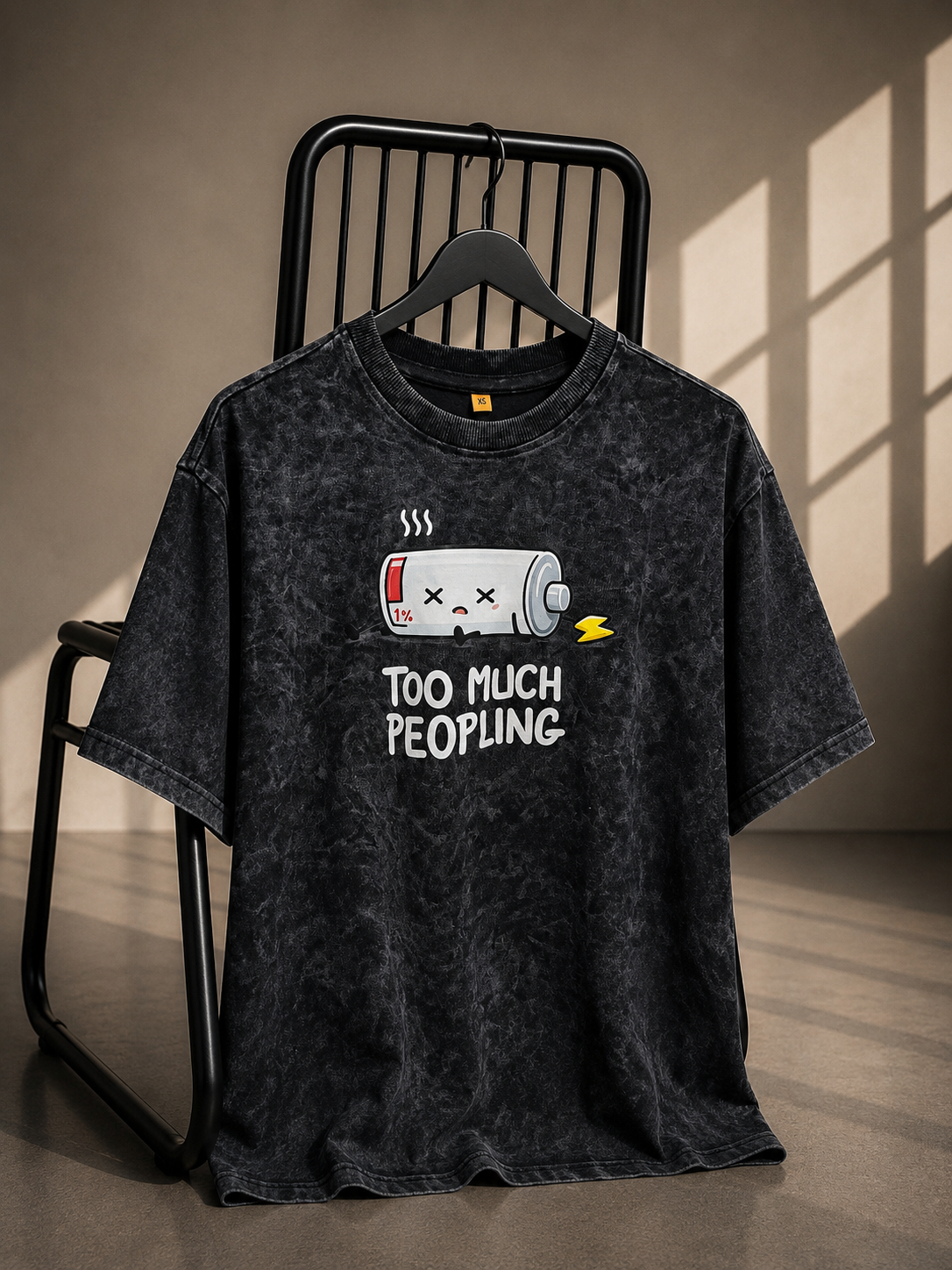 Charcoal vintage wash oversized unisex graphic T-shirt featuring a low battery illustration with "Too Much Peopling" print on premium 220–240 GSM French Terry cotton.