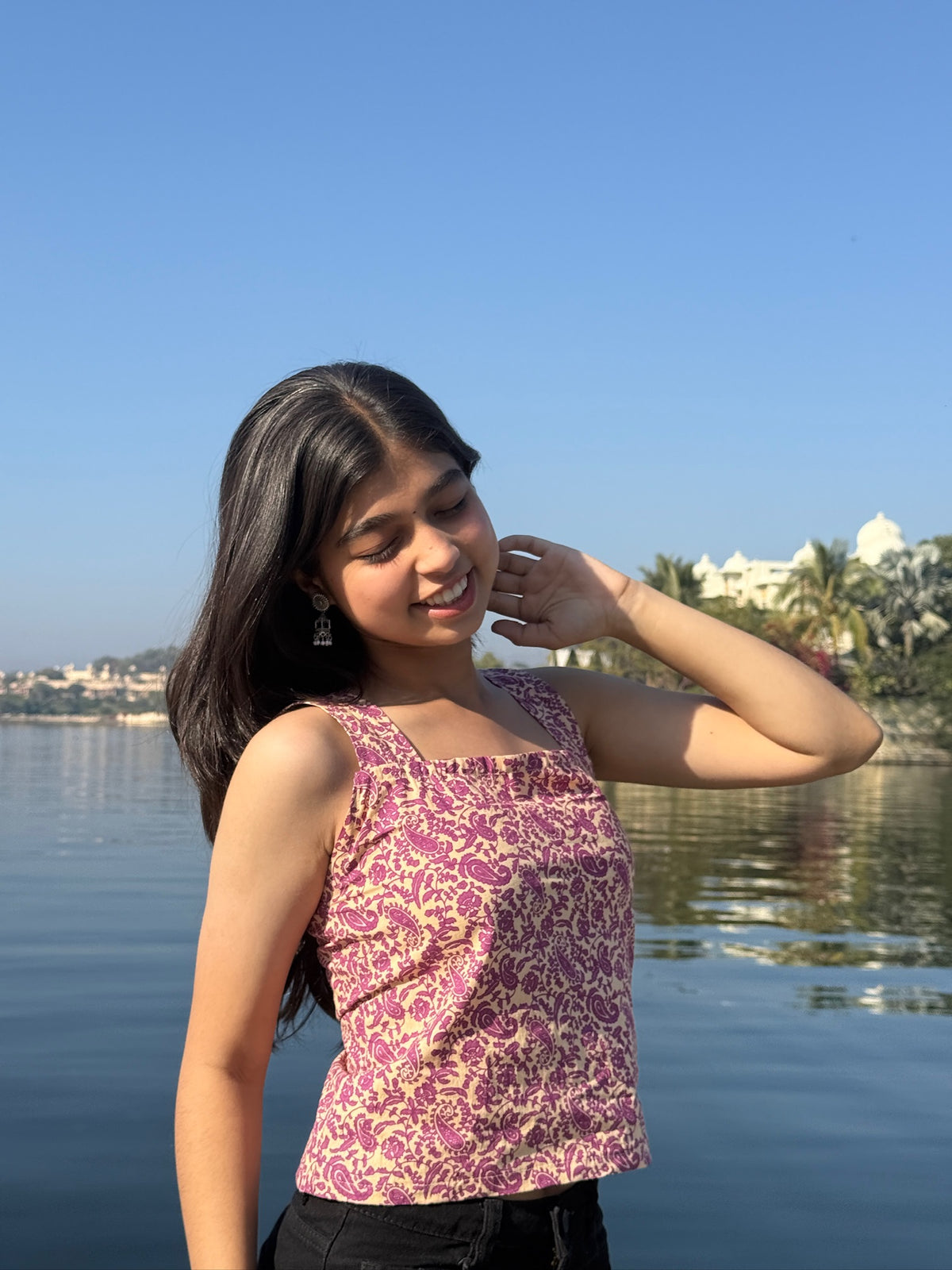 Floral print sleeveless corset back top