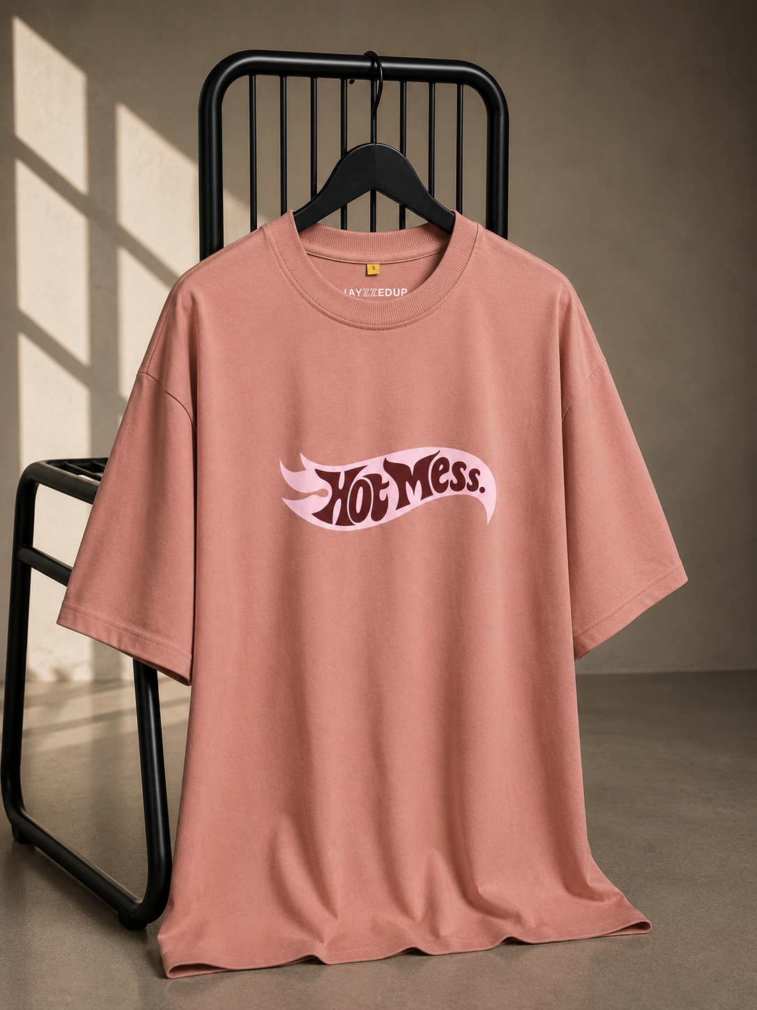 Hot Mess oversized pink unisex graphic T-shirt with front typography print, made from 220–240 GSM bio-washed French Terry cotton.