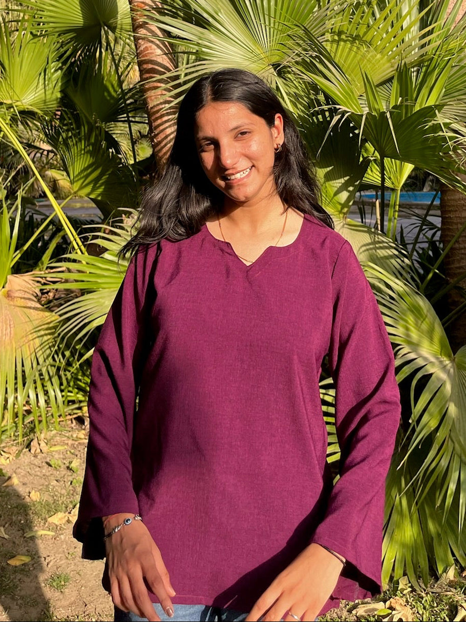 Jamuni Solid Bell Sleeve V-Neck Short Kurti for Women by Jayzzedup