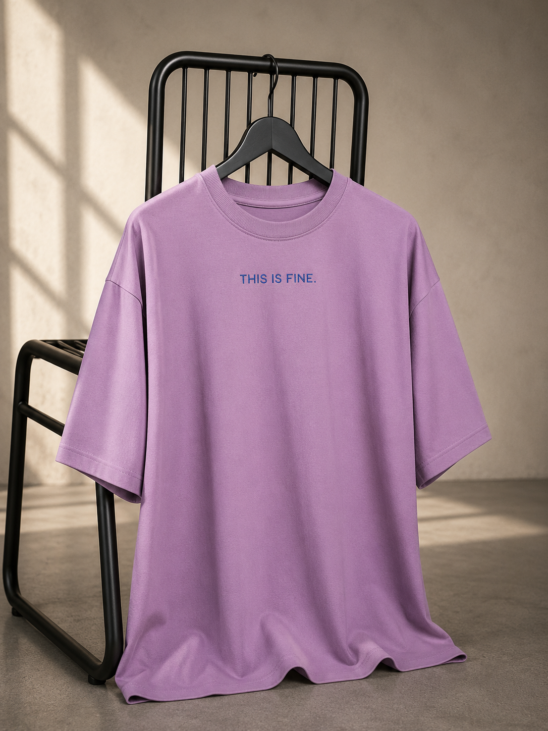 Lavender oversized French Terry cotton T-shirt with This Is Fine front graphic.