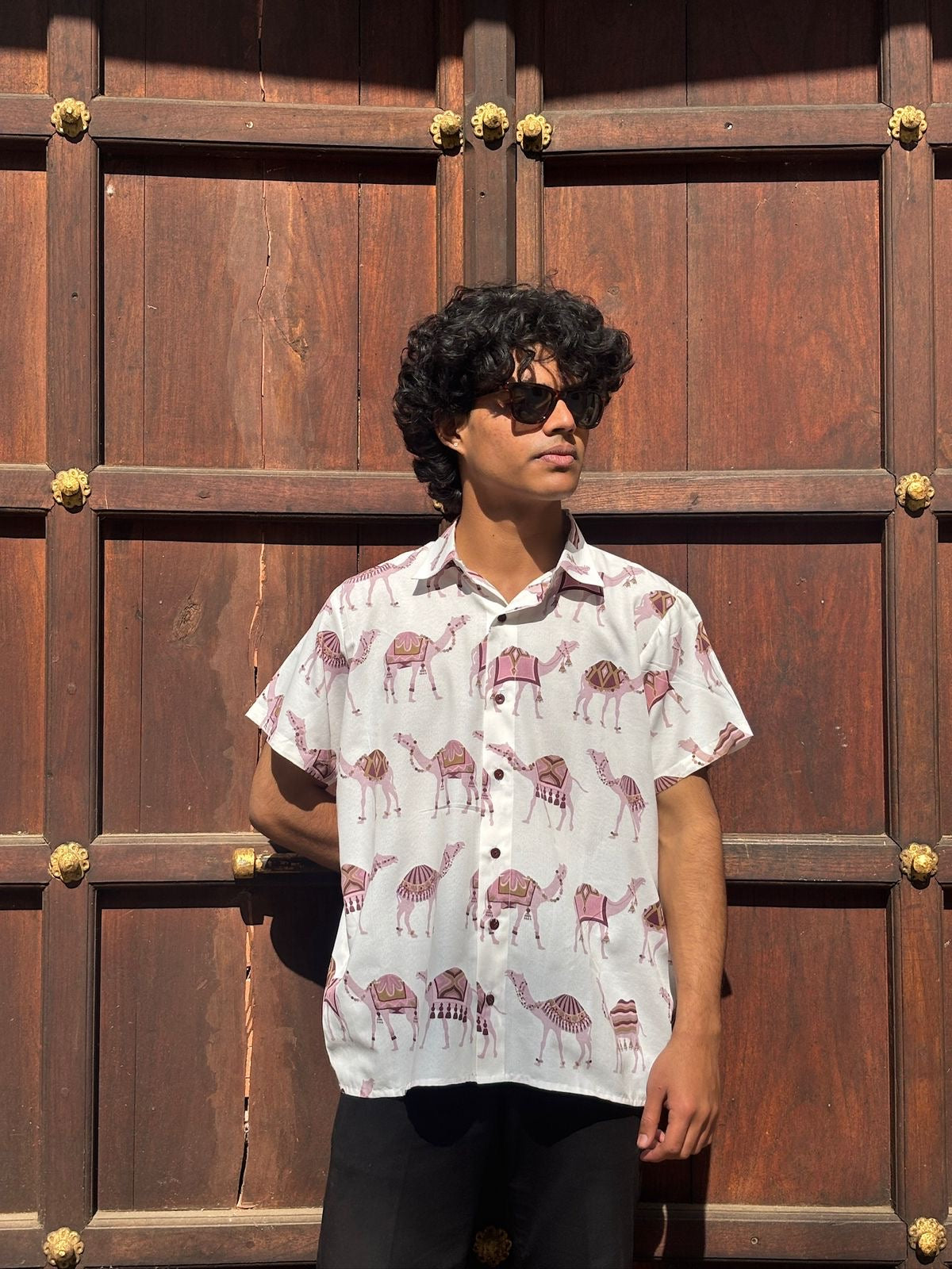 Men's camel print half sleeve shirt
