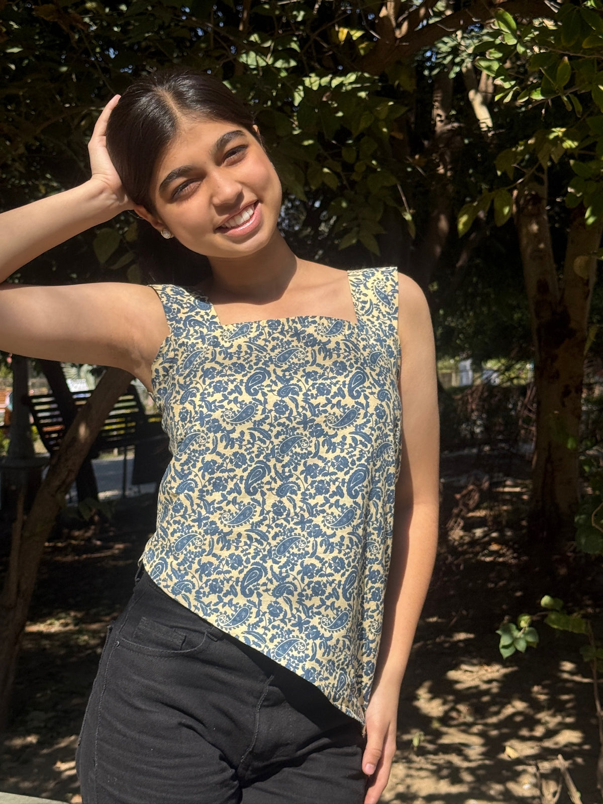 Model wearing Baori asymmetric top by Jayzzedup