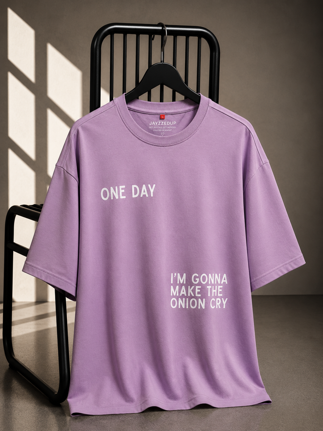 One Day Onion Cry oversized lavender unisex graphic T-shirt made from bio-washed French Terry cotton by Jayzzedup
