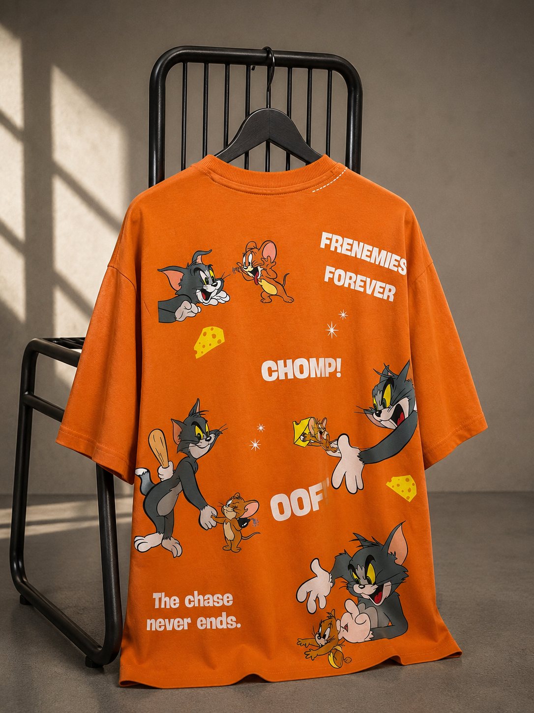 Orange oversized graphic T-shirt featuring a playful cartoon-inspired back print with Frenemies Forever artwork.