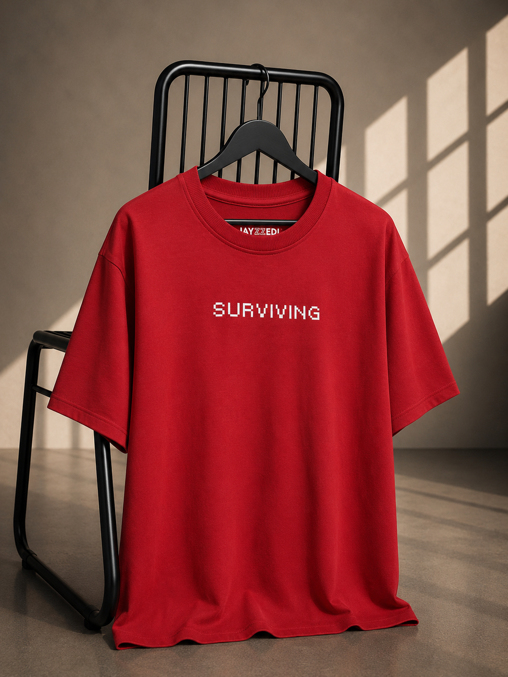 Red oversized French Terry cotton T-shirt featuring a Surviving text print on the front.