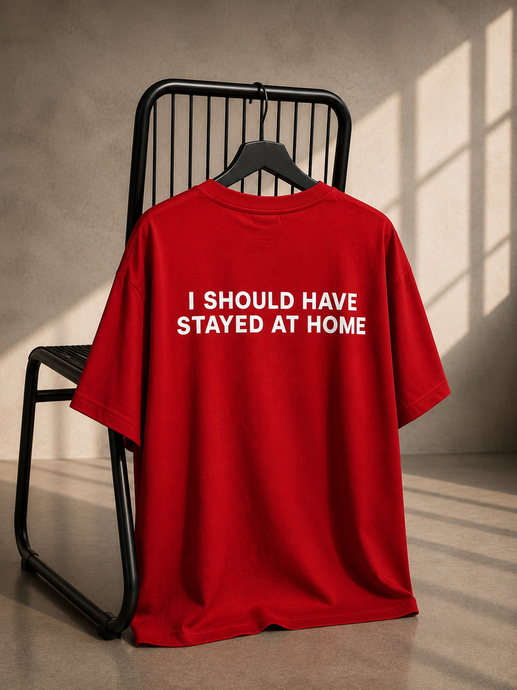 Red oversized unisex T-shirt featuring a bold "I SHOULD HAVE STAYED AT HOME" typography back print on heavyweight French Terry cotton.