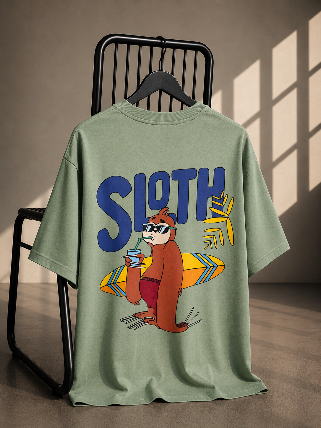 Sage green oversized French Terry cotton T-shirt featuring a surfing sloth graphic with the word Sloth on the back.