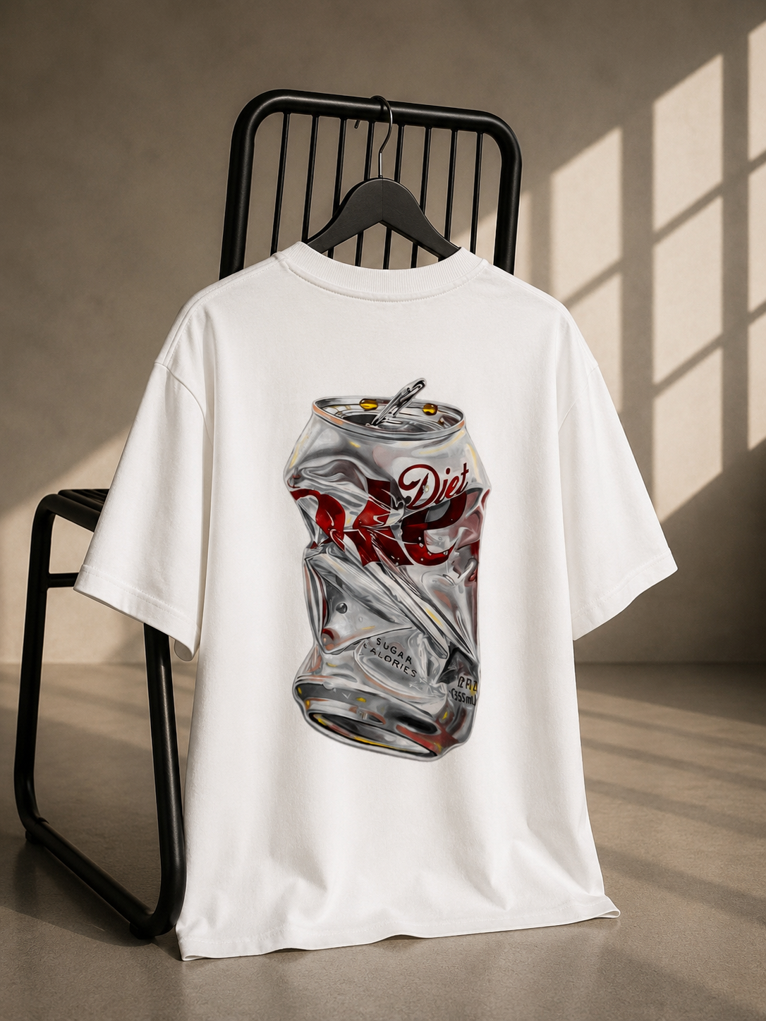 White oversized unisex T-shirt featuring a realistic crushed Diet Coke inspired can graphic on heavyweight French Terry cotton.

