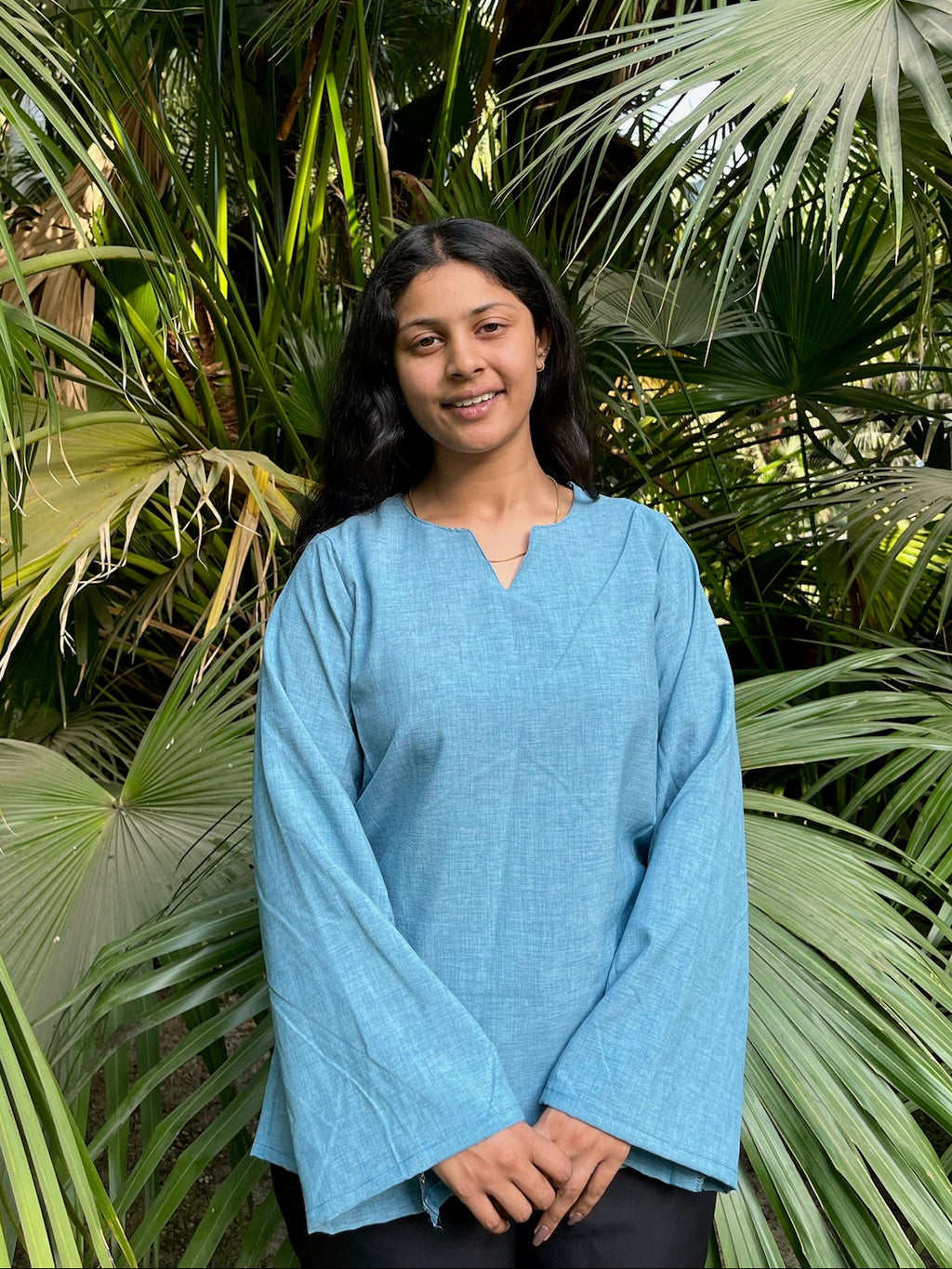 Women's blue solid bell sleeve kurti